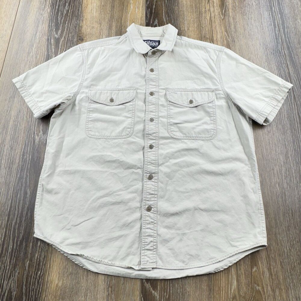 Filson Short Sleeve Button Up Shirt Mens M Tan Khaki Utility 100% Cotton Twine